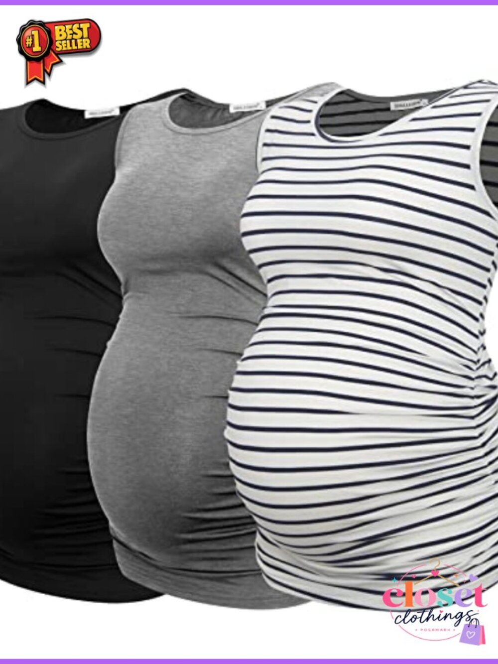 Maternity Tank Tops Sleeveless Ruched Pregnancy Tops 3-Pack
